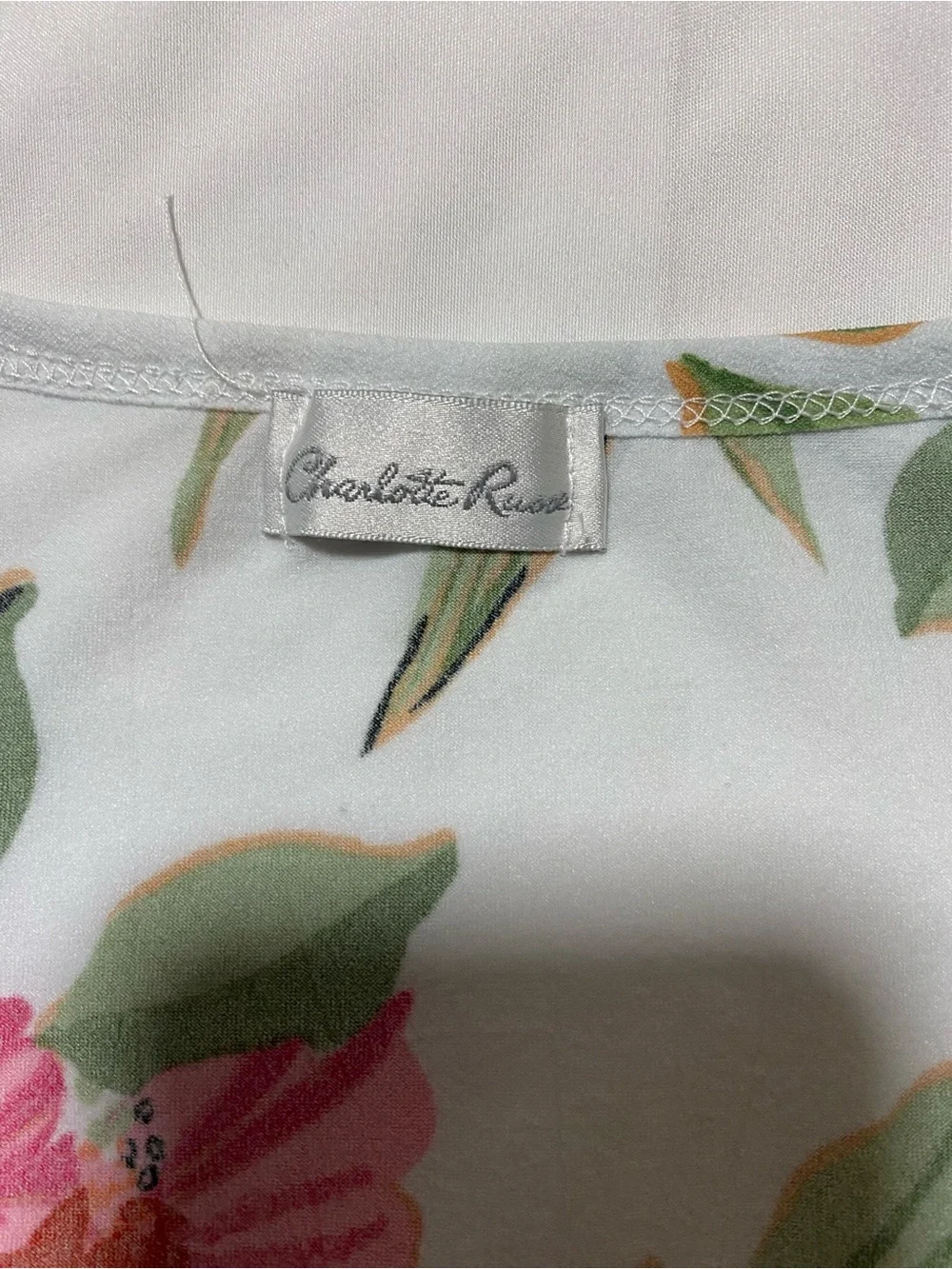 Charlotte Russe White Floral Wrap Top with Pink & Green Blooms